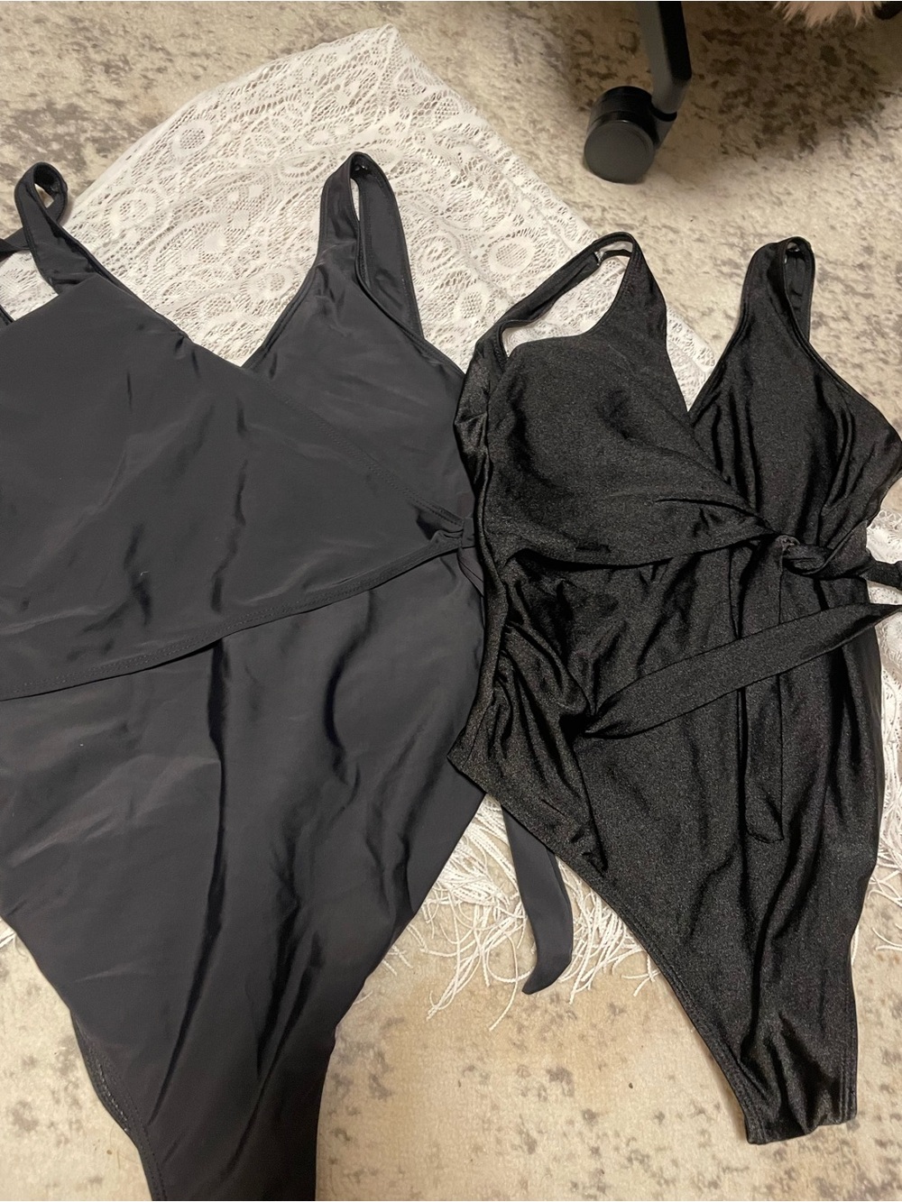 Lot of 2 Black One-Piece Maternity Swimsuits and white sarong